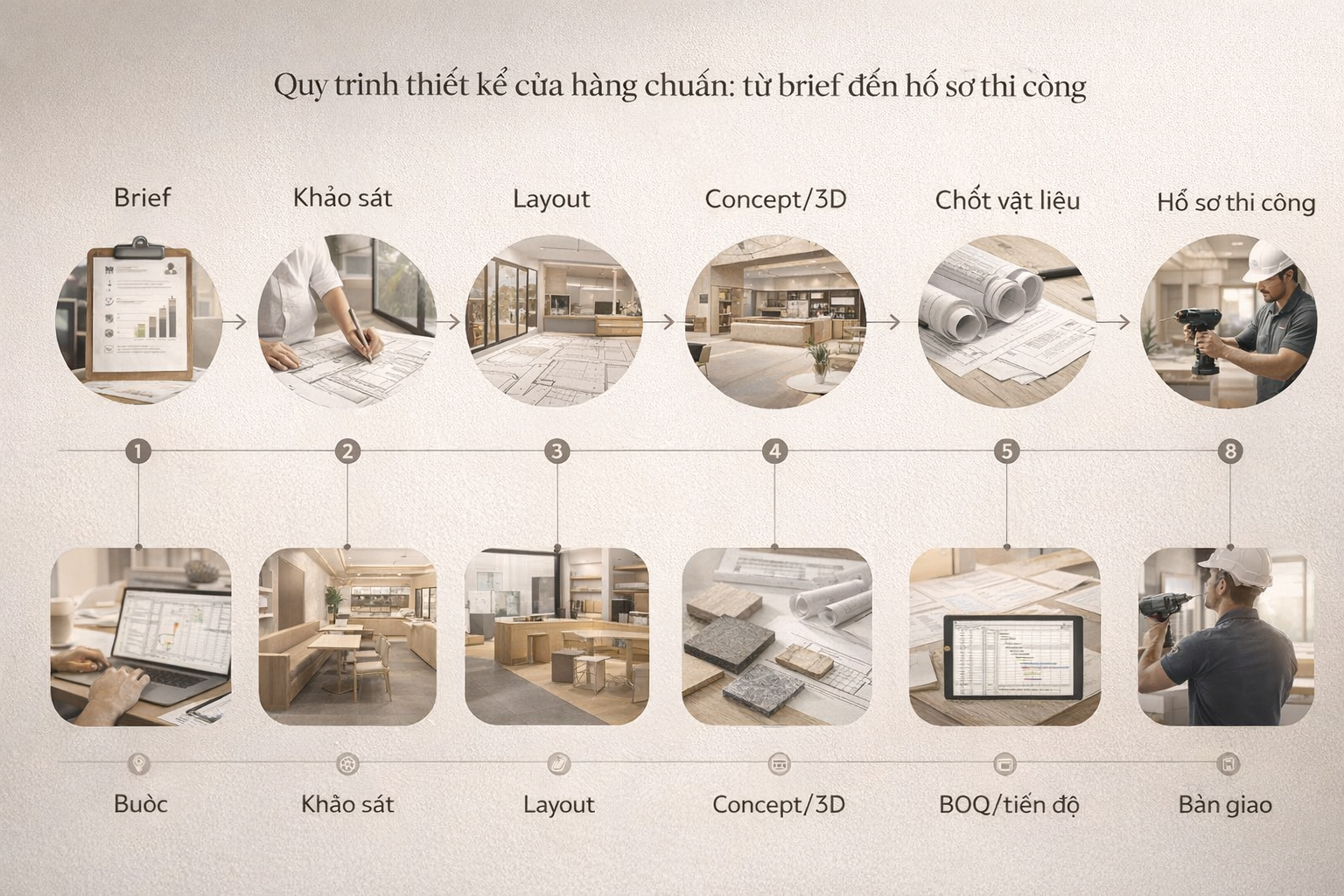 Quy trình thiết kế cửa hàng chuẩn: từ brief đến hồ sơ thi công